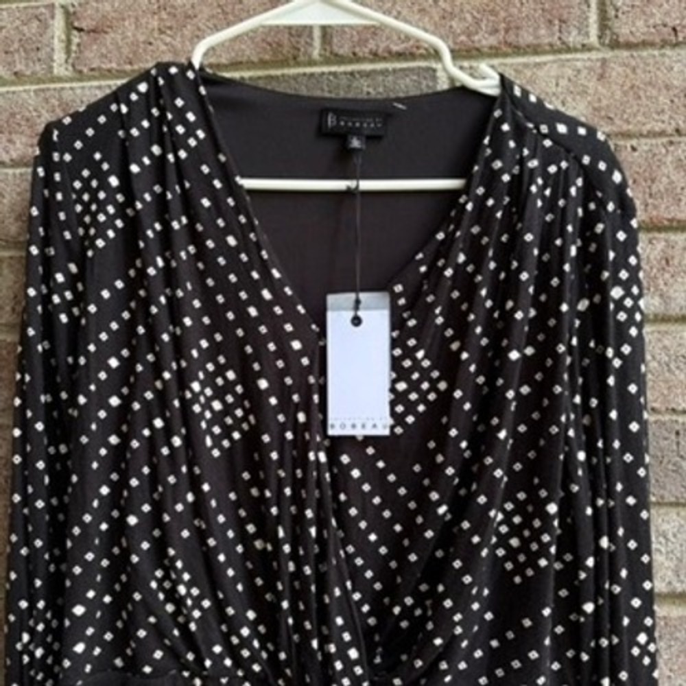 Bobeau Black White Geometric Print Long Sleeve‎ Top Size L NWT